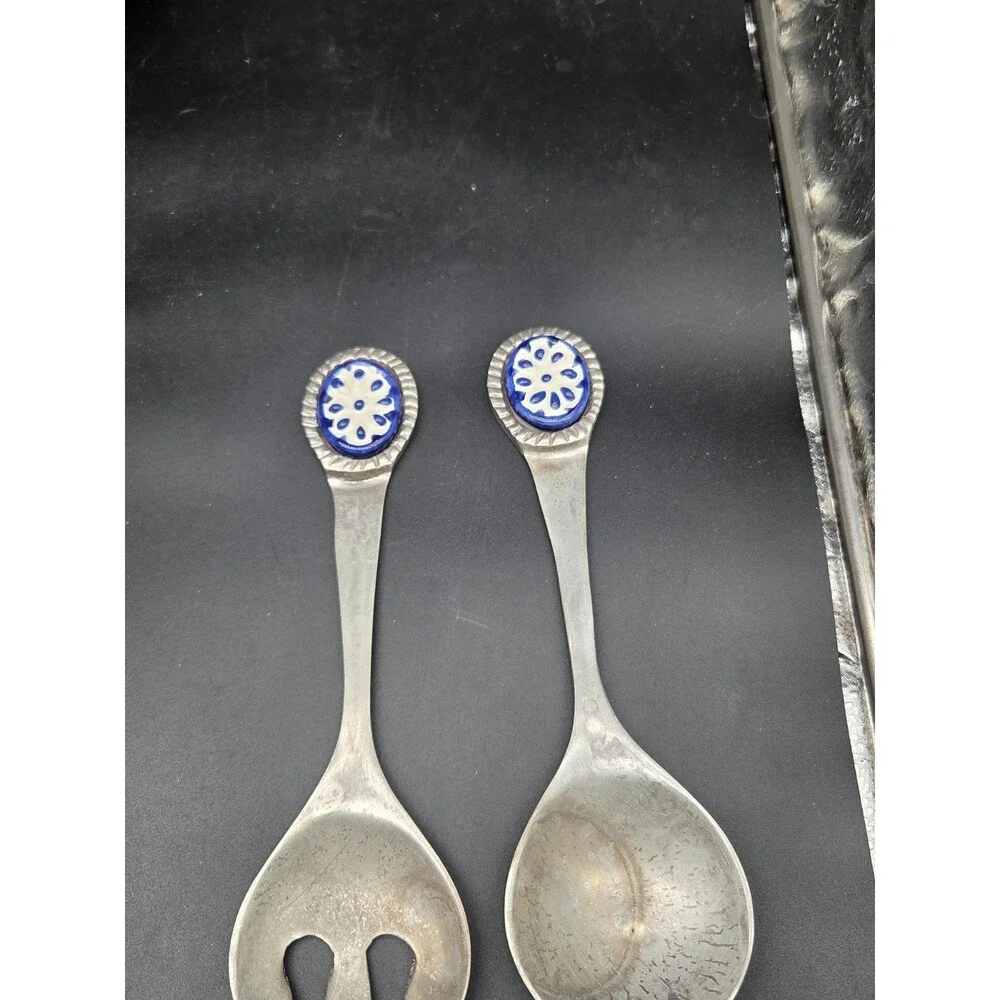 Albuhi Cast Aluminum Ceramic Salad Tossing Serving Set Fork Spoon Made in Mexico